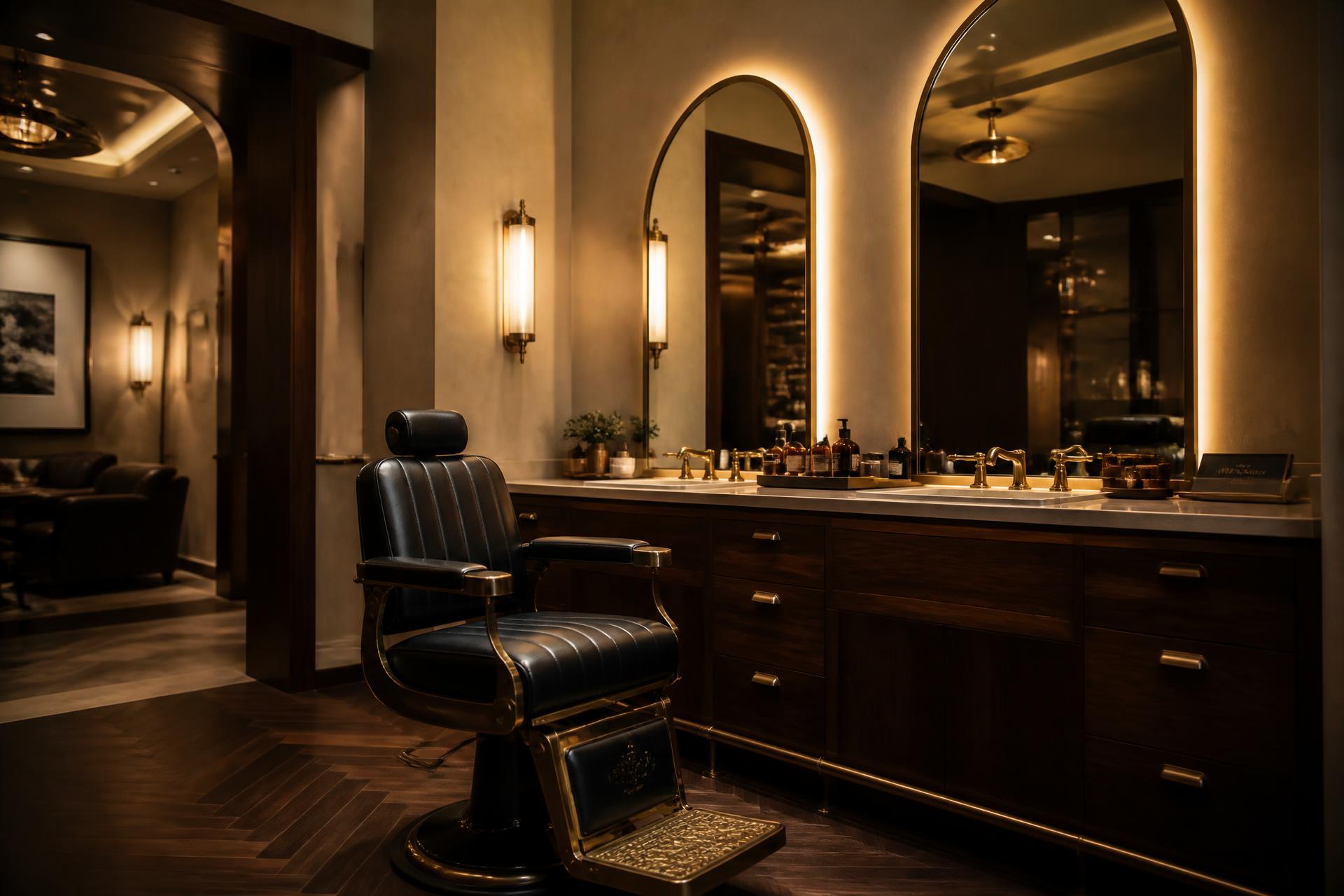 The Kut Lounge — warm hotel-style barber interior with walnut, plaster, and brass