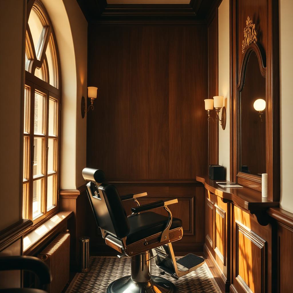 Barber chair beside arched window with warm daylight