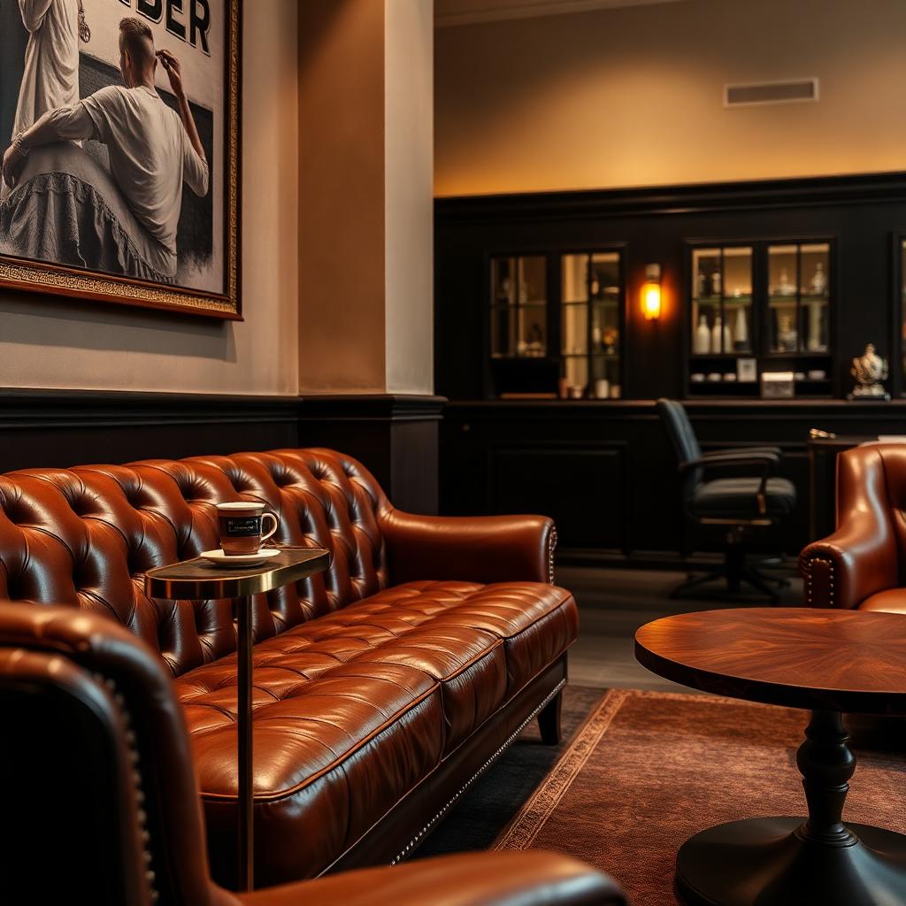 Leather lounge waiting area with espresso on brass side table