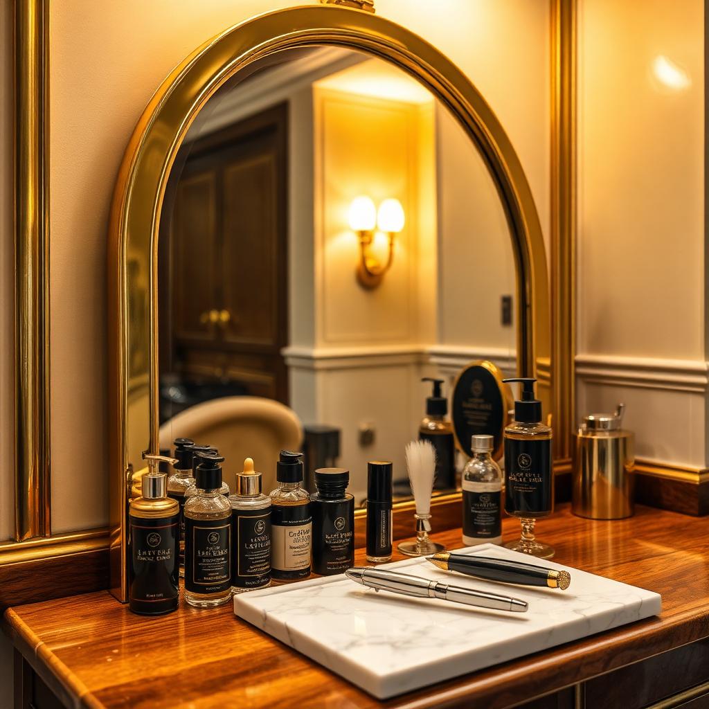 Brass arched mirror and premium grooming products