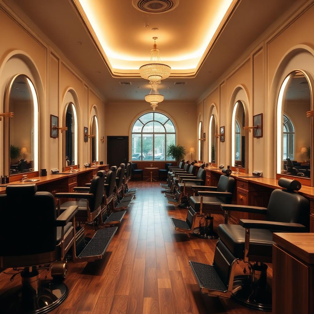 Wide interior of The Kut Lounge — rows of leather chairs and arched mirrors